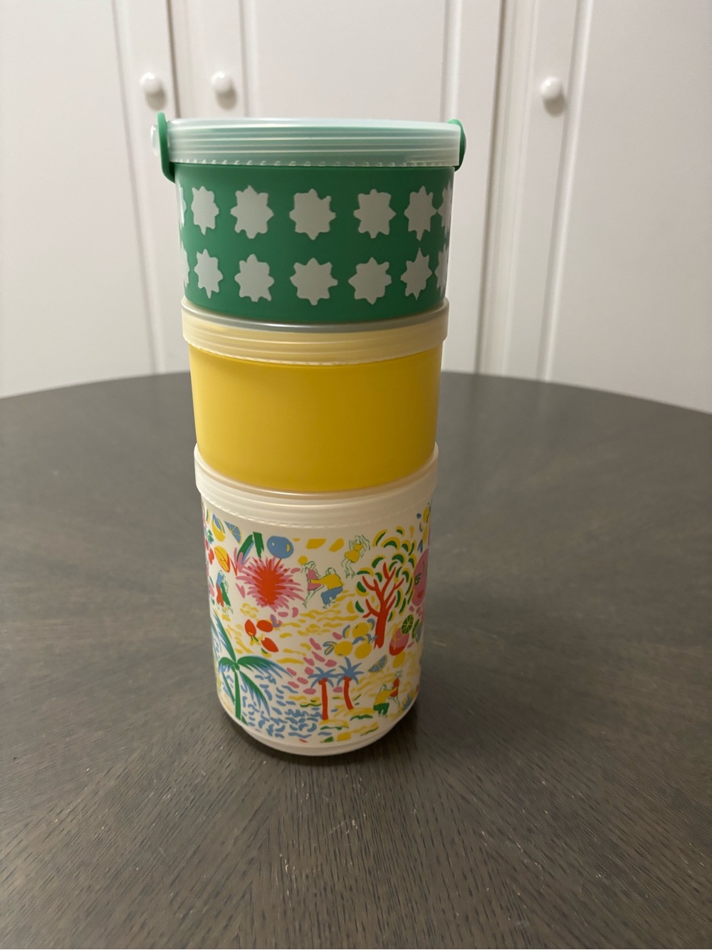 Stackable Green, Yellow and Floral Plastic Food Canister Set